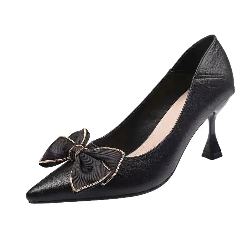 Women's Summer Footwear Office with Medium Heels Shoes for Woman Black Bow Pointed Toe High Quality Chic and Elegant Casual