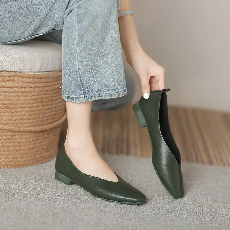 Woman Elegant Summer French Square Toe Green Mary Janes Cute Casual Flats Female Retro Shoes Low Heeled Soft Soled Flat Shoes