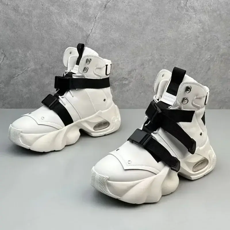 Men's High Top Thick Soled Height Increasing Comfort Waterproof Anti Slip Sports Shoes Buckle Belt Wear-resistant Fashion Boots