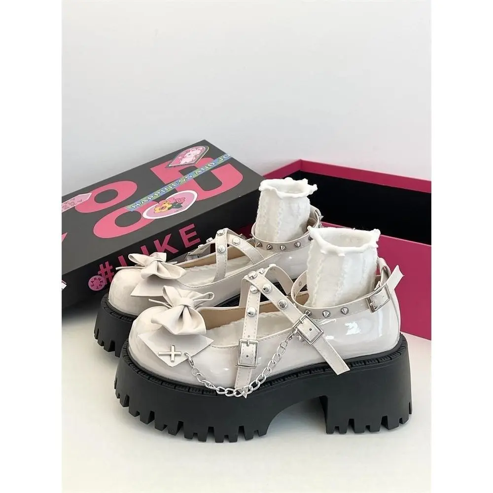 New Women's Shoes Ankle Straps Womens Pumps Platform Women Leather Bows Mary Jane Punk Gothic Chunky Heel Chaussures Femme