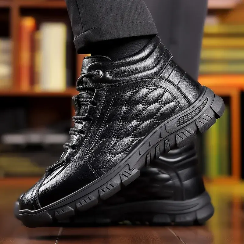 Winter Leather Platform Plus Velvet Boots for Men Fashion Soft-soled Casual Men's Ankle Boots Luxury Designer Board Shoes2025