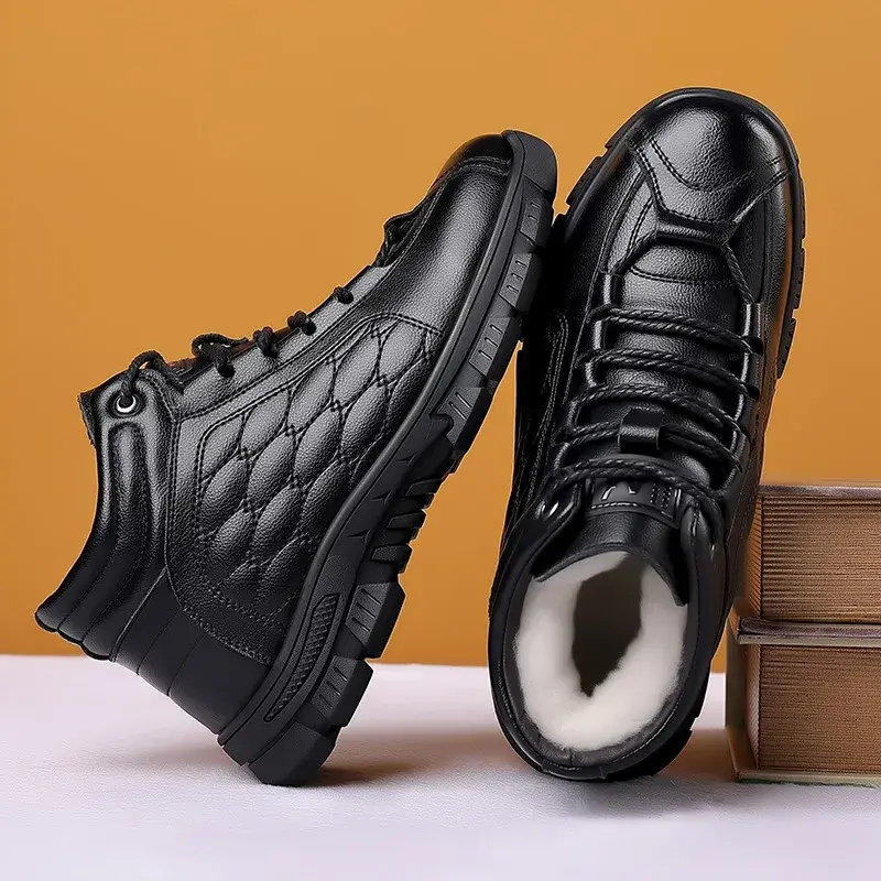 Winter Leather Platform Plus Velvet Boots for Men Fashion Soft-soled Casual Men's Ankle Boots Luxury Designer Board Shoes2025