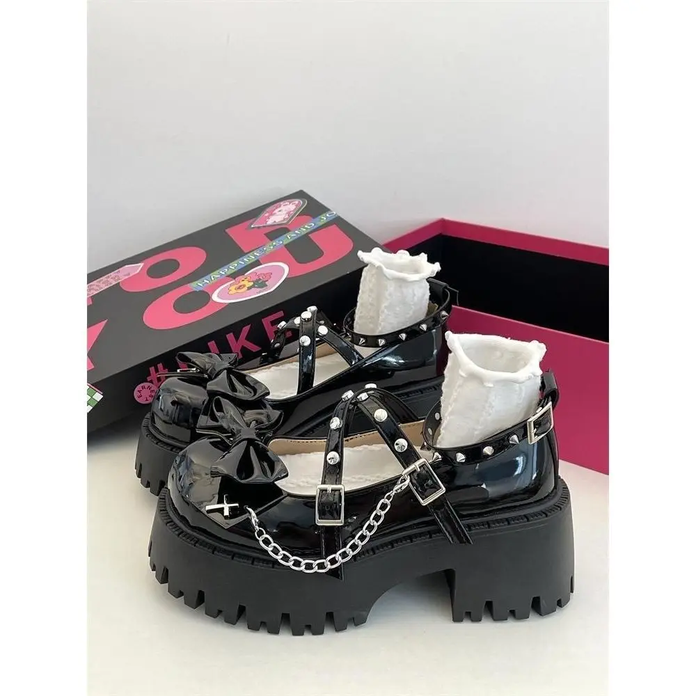 New Women's Shoes Ankle Straps Womens Pumps Platform Women Leather Bows Mary Jane Punk Gothic Chunky Heel Chaussures Femme