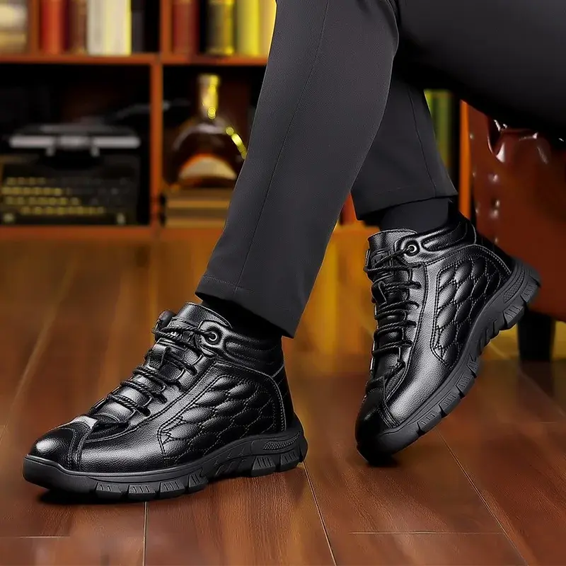 Winter Leather Platform Plus Velvet Boots for Men Fashion Soft-soled Casual Men's Ankle Boots Luxury Designer Board Shoes2025
