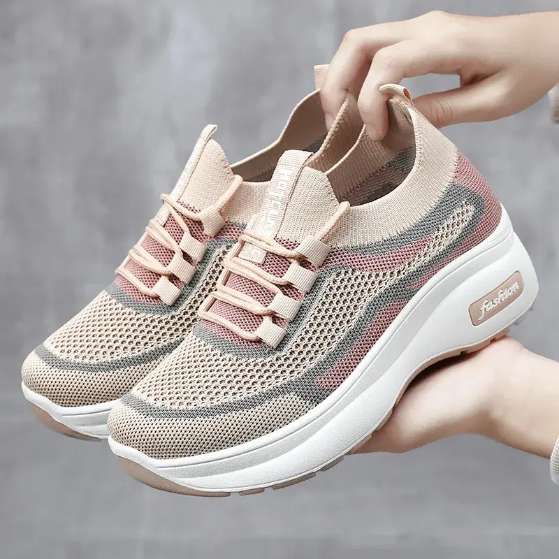 Women Fashion Mesh Platform Sneakers Breathable Lace Up Wedges Sneakers  Soft Casual Travel Sports Running Shoes 2025
