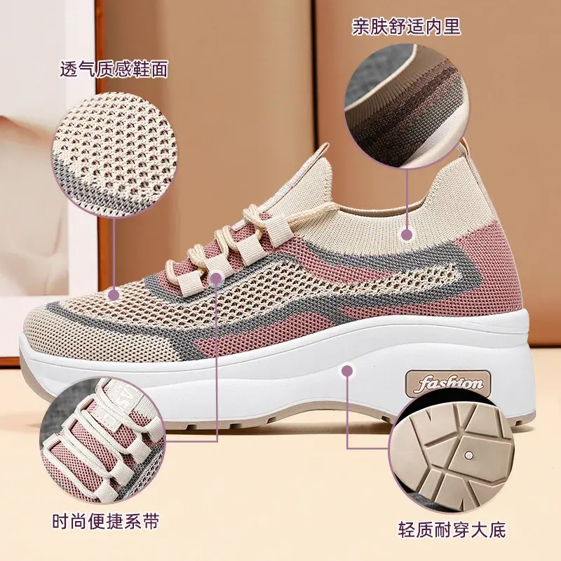 Women Fashion Mesh Platform Sneakers Breathable Lace Up Wedges Sneakers  Soft Casual Travel Sports Running Shoes 2025
