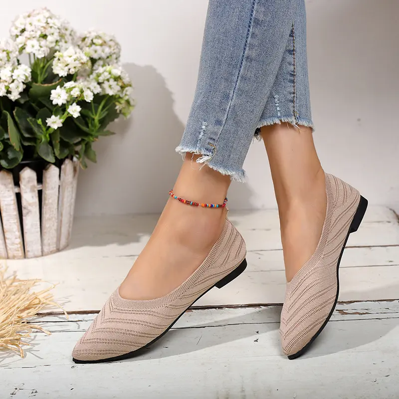 Pointed Toe Flat Office Boat Solid Color Knitted Slip on Shoes Casual Ballet Flats Shoes Women Loafers Zapatos De Mujer 2025