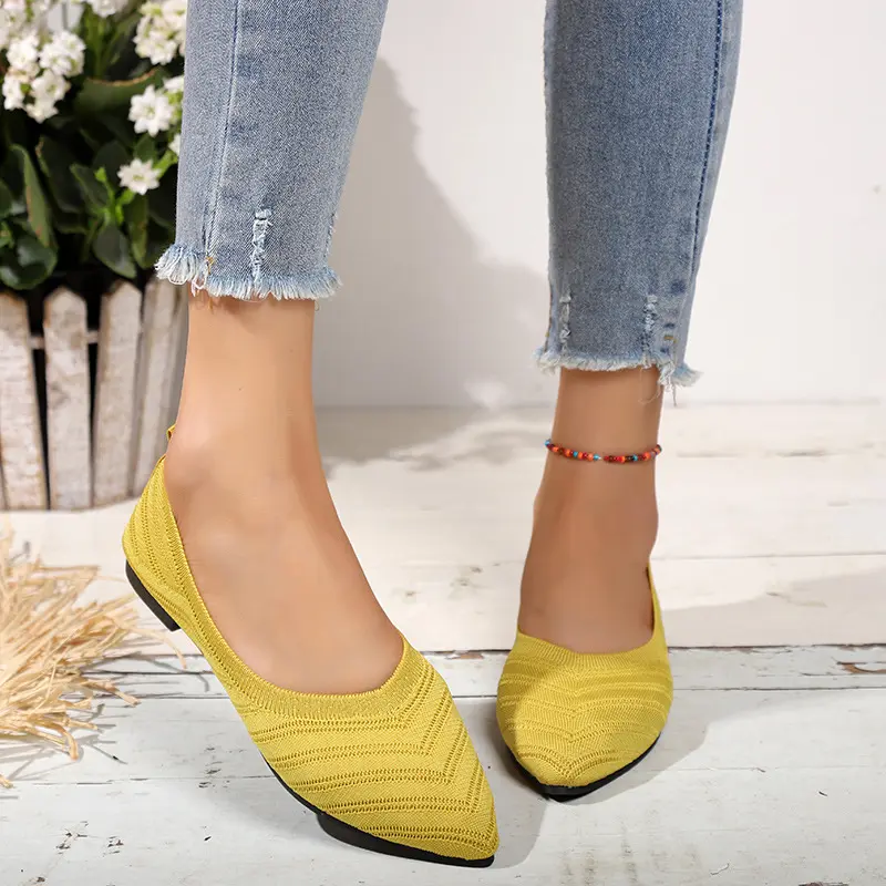 Pointed Toe Flat Office Boat Solid Color Knitted Slip on Shoes Casual Ballet Flats Shoes Women Loafers Zapatos De Mujer 2025