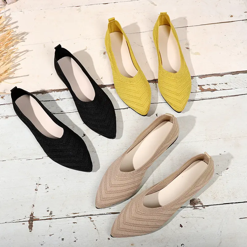 Pointed Toe Flat Office Boat Solid Color Knitted Slip on Shoes Casual Ballet Flats Shoes Women Loafers Zapatos De Mujer 2025