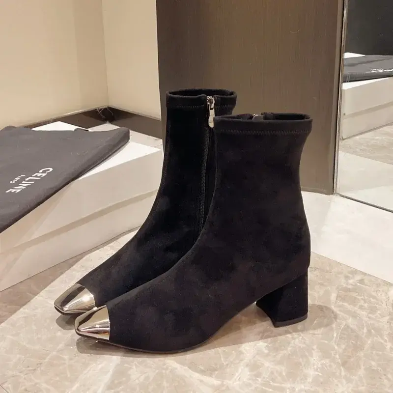 Women's Thick Heels Short Boots Fashion Solid Color Ankle Boots for Women Autumn Side Zipper High Heeled Skinny Botas De Mujer