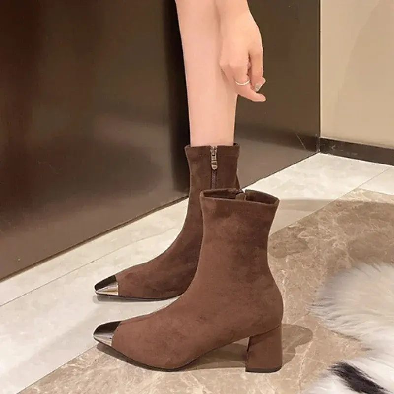 Women's Thick Heels Short Boots Fashion Solid Color Ankle Boots for Women Autumn Side Zipper High Heeled Skinny Botas De Mujer