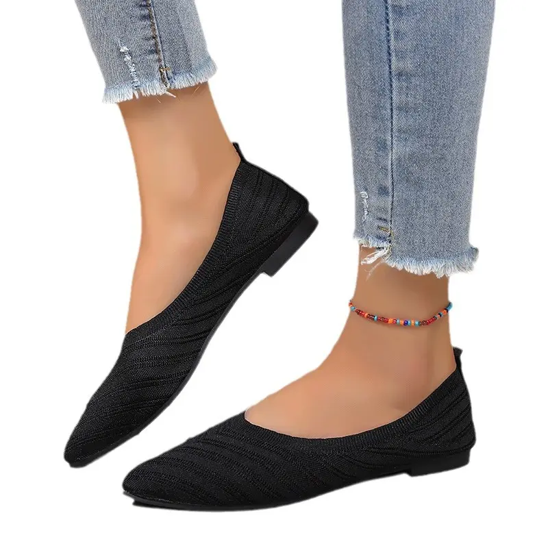 Pointed Toe Flat Office Boat Solid Color Knitted Slip on Shoes Casual Ballet Flats Shoes Women Loafers Zapatos De Mujer 2025