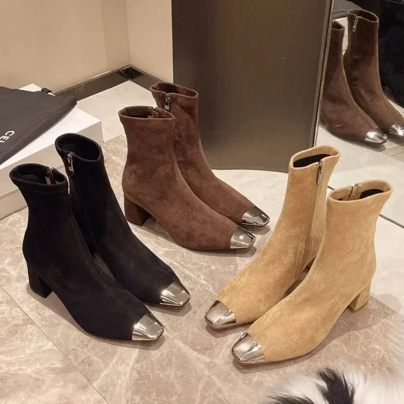 Women's Thick Heels Short Boots Fashion Solid Color Ankle Boots for Women Autumn Side Zipper High Heeled Skinny Botas De Mujer