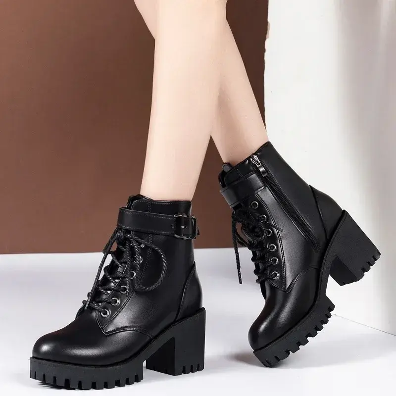 Women Lace-up Ankle Boots Women Winter Fashion Buckle Strap Platform Combat Short Boots Woman Thick Plush Pu Leather Botas Mujer