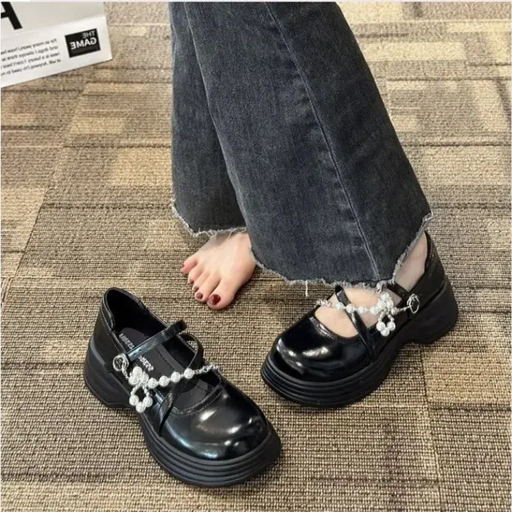 Thick Soled Mary Jane Shoes for Women  New Sweet Buckle Loafers Pearl Chain Round Toe Platform Dress Lolita Shoes Pumps