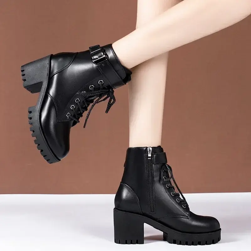 Women Lace-up Ankle Boots Women Winter Fashion Buckle Strap Platform Combat Short Boots Woman Thick Plush Pu Leather Botas Mujer