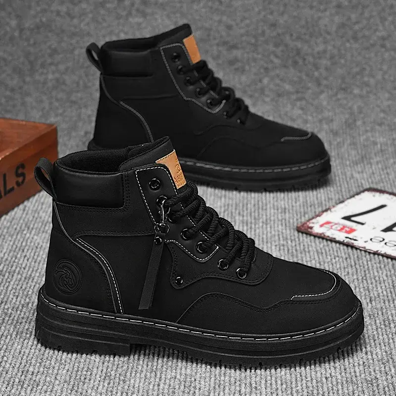 Men Boots  Autumn High Top British Korean Thick Soled Platform Comfortable Non Slip Short Boots Outdoor Lace Up Cotton Boots 202