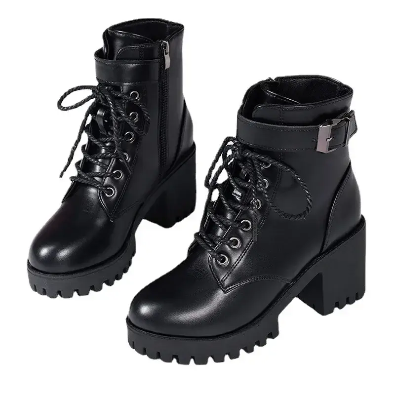 Women Lace-up Ankle Boots Women Winter Fashion Buckle Strap Platform Combat Short Boots Woman Thick Plush Pu Leather Botas Mujer