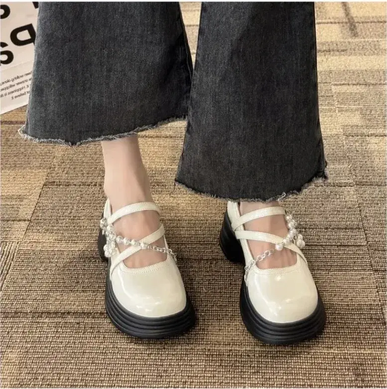 Thick Soled Mary Jane Shoes for Women  New Sweet Buckle Loafers Pearl Chain Round Toe Platform Dress Lolita Shoes Pumps