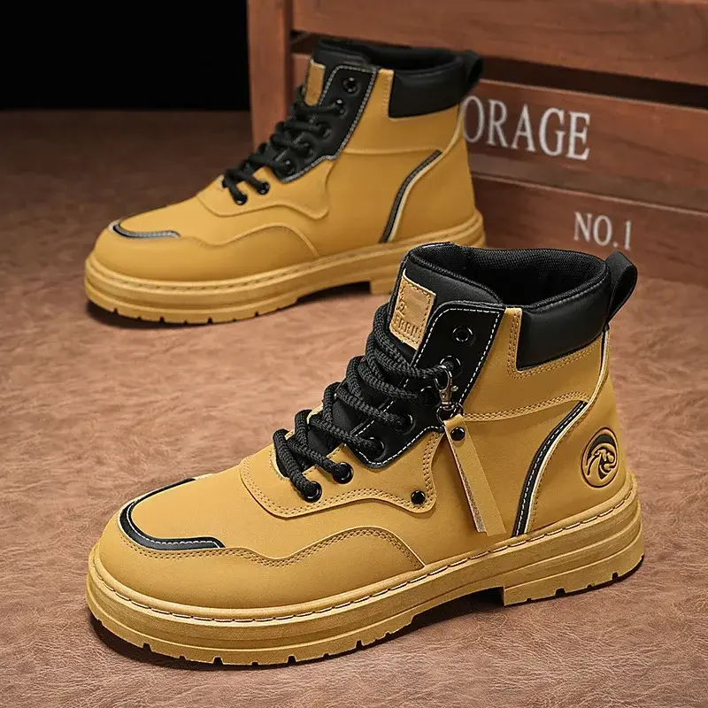 Men Boots  Autumn High Top British Korean Thick Soled Platform Comfortable Non Slip Short Boots Outdoor Lace Up Cotton Boots 202