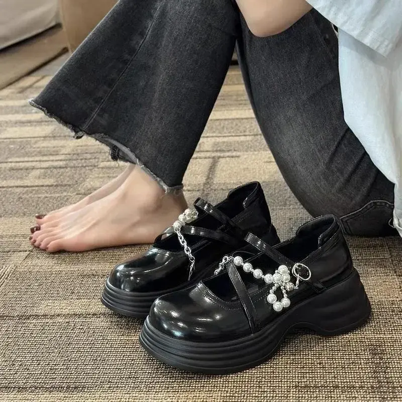 Thick Soled Mary Jane Shoes for Women  New Sweet Buckle Loafers Pearl Chain Round Toe Platform Dress Lolita Shoes Pumps