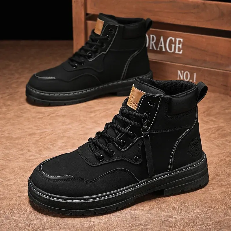 Men Boots  Autumn High Top British Korean Thick Soled Platform Comfortable Non Slip Short Boots Outdoor Lace Up Cotton Boots 202