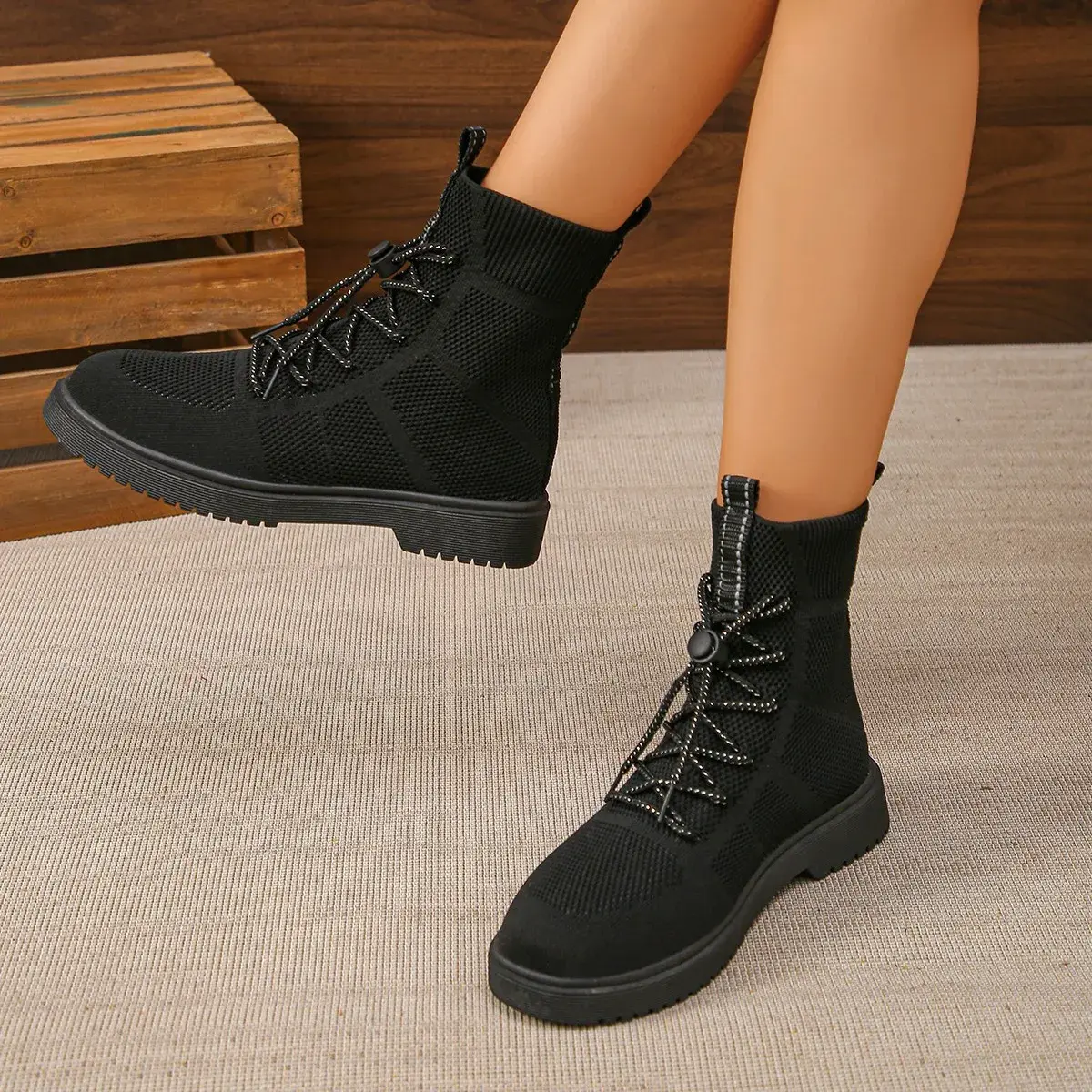 Women Shoes  Fashion Elastic Casual Chelsea Ankle Boots Winter Trend Warm Short Boots Plush Warm Knnited Boots Size 43 Flats