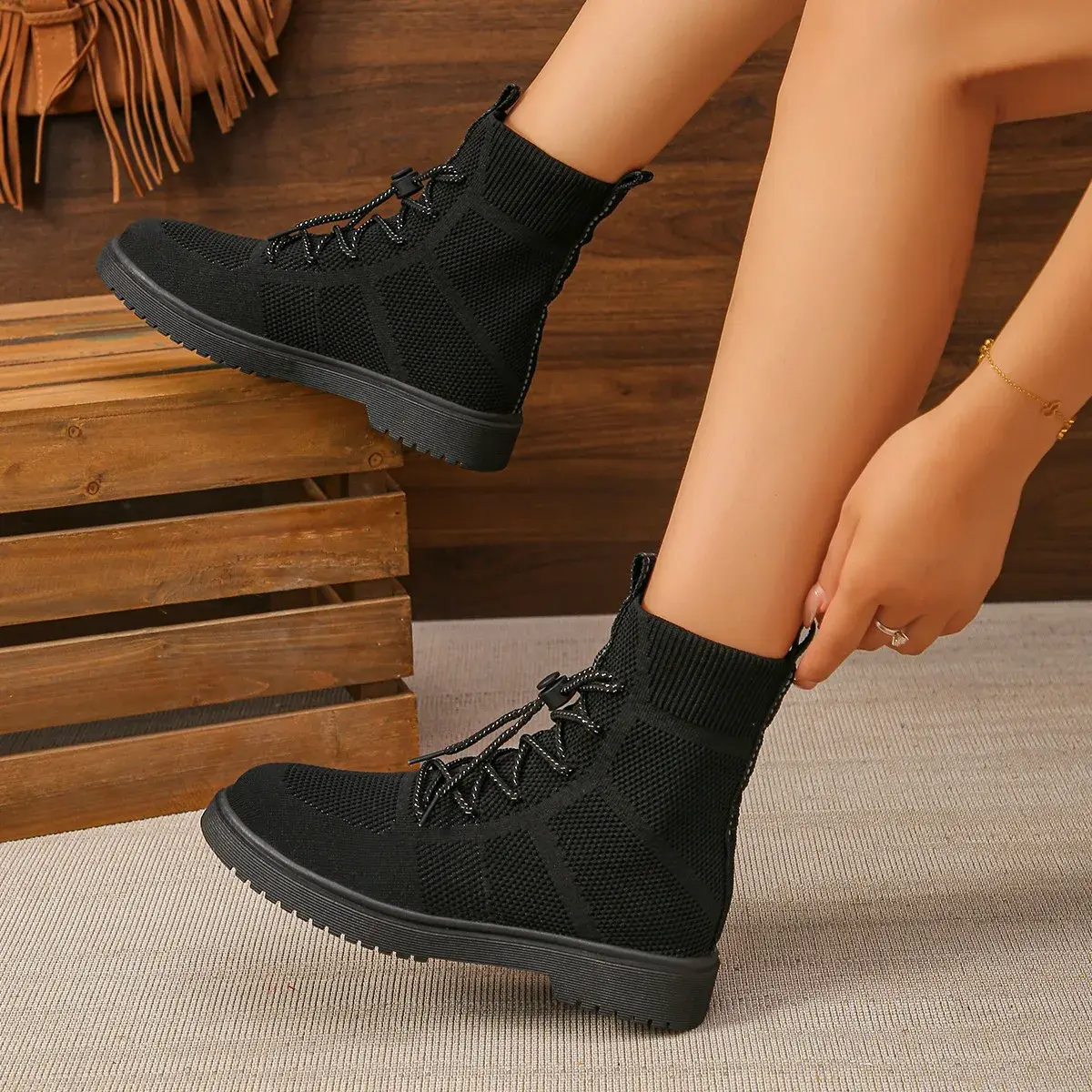 Women Shoes  Fashion Elastic Casual Chelsea Ankle Boots Winter Trend Warm Short Boots Plush Warm Knnited Boots Size 43 Flats