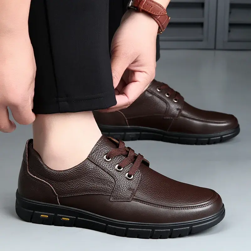 2025 Soft Sole Lace-up Luxury Brand Middle-aged Old Man Dad Lightweight Loafers Shoes Men Genuine Leather Casual Shoes
