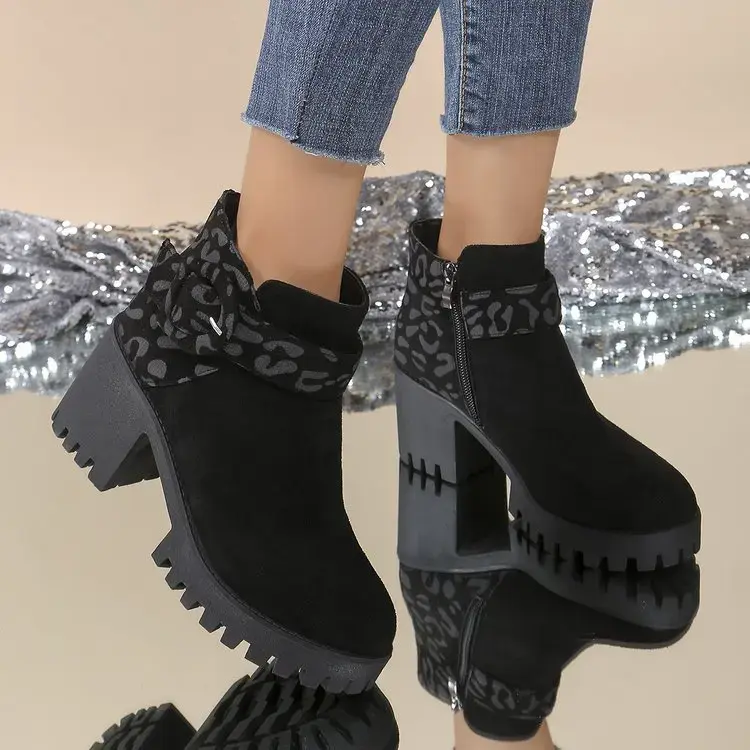 Women Leopard Print 2024 Autumn/winter Thick Soled Fashion Boot Comfort Non Slip 43 Size Side Zipper Belt Buckle Ankle Boots