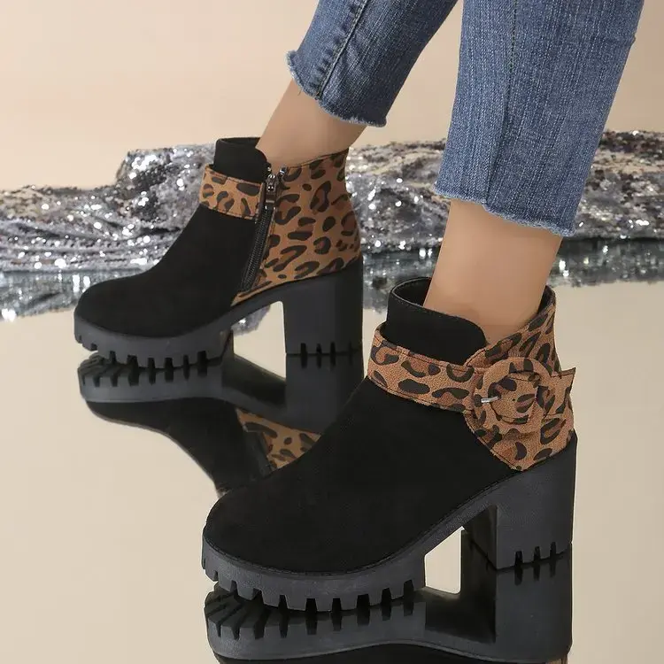 Women Leopard Print 2024 Autumn/winter Thick Soled Fashion Boot Comfort Non Slip 43 Size Side Zipper Belt Buckle Ankle Boots