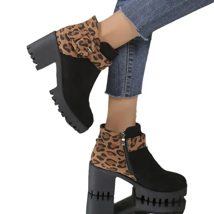 Women Leopard Print 2024 Autumn/winter Thick Soled Fashion Boot Comfort Non Slip 43 Size Side Zipper Belt Buckle Ankle Boots