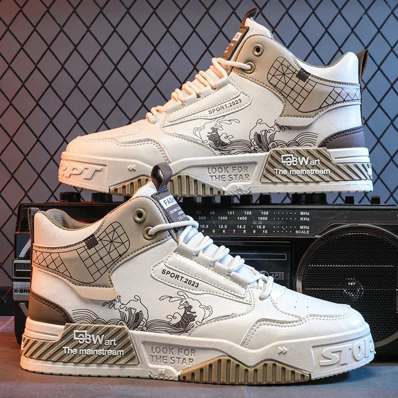 2025 High Top Men Board Shoes Leather Lightweight Men Casual Shoes Platform Walking Sneaker Breathable Anti Slip Tennis Shoes