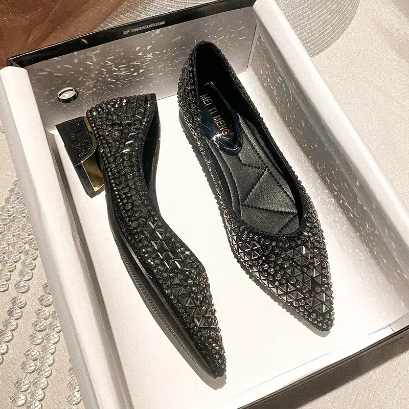 Sliver Rhinestone Ladies Shoes Sexy Red Sole Women's Autumn 2024 Full Drill Flat Shoes Large Size 43 Female Ballet Flat Shoes