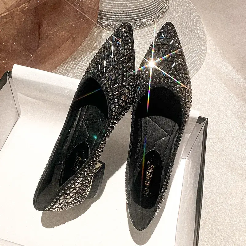 Sliver Rhinestone Ladies Shoes Sexy Red Sole Women's Autumn 2024 Full Drill Flat Shoes Large Size 43 Female Ballet Flat Shoes
