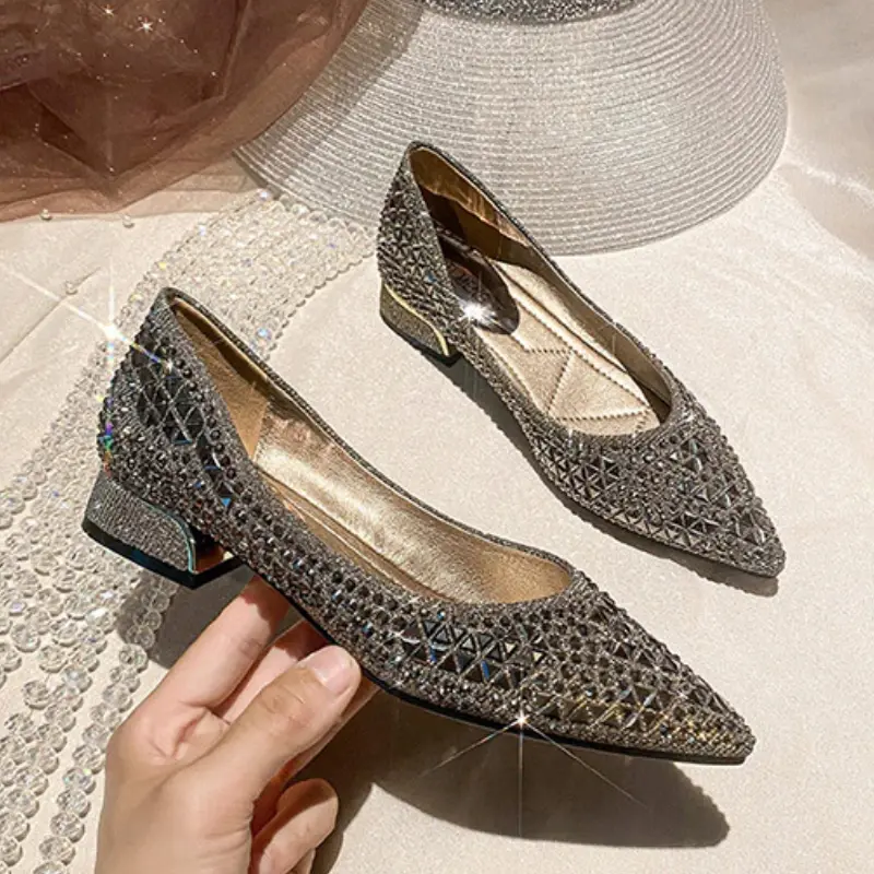 Sliver Rhinestone Ladies Shoes Sexy Red Sole Women's Autumn 2024 Full Drill Flat Shoes Large Size 43 Female Ballet Flat Shoes