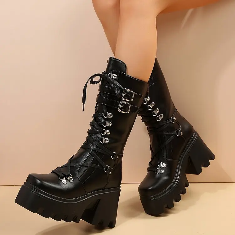 New Women's Fashion Mid Tube Boots Lace Up High Platform Wedge Boots New Women's Fashion Solid Color Boots 2025