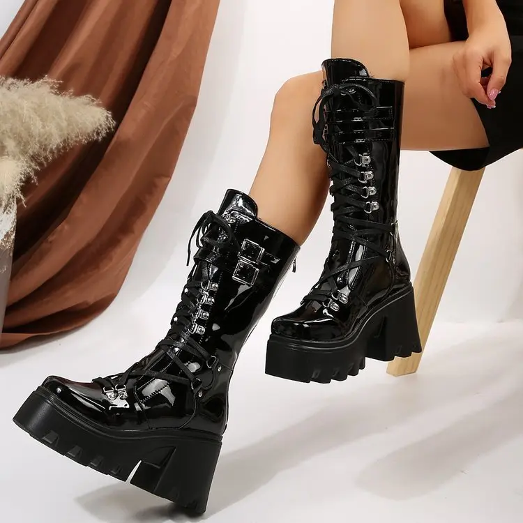 New Women's Fashion Mid Tube Boots Lace Up High Platform Wedge Boots New Women's Fashion Solid Color Boots 2025