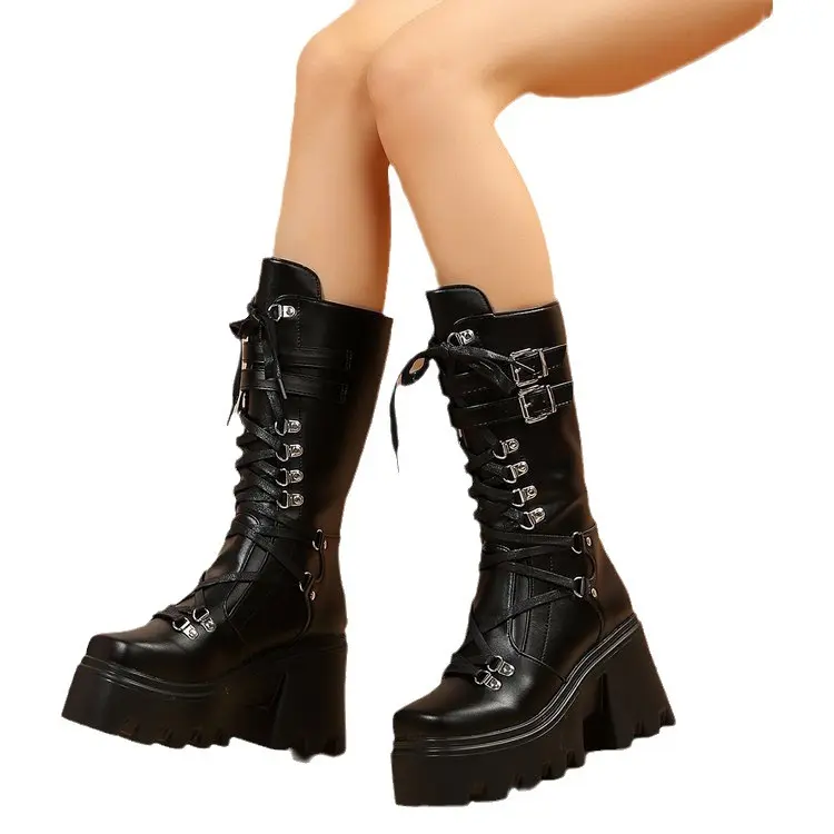 New Women's Fashion Mid Tube Boots Lace Up High Platform Wedge Boots New Women's Fashion Solid Color Boots 2025