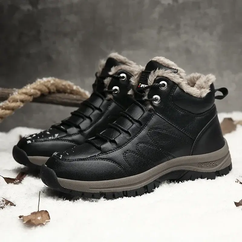 Winter Plush Warm Men Boots Leather Mens Snow Boots Couple Waterproof Non-slip Ankle Boots Lace-Up Outdoor Hiking Shoes 2024