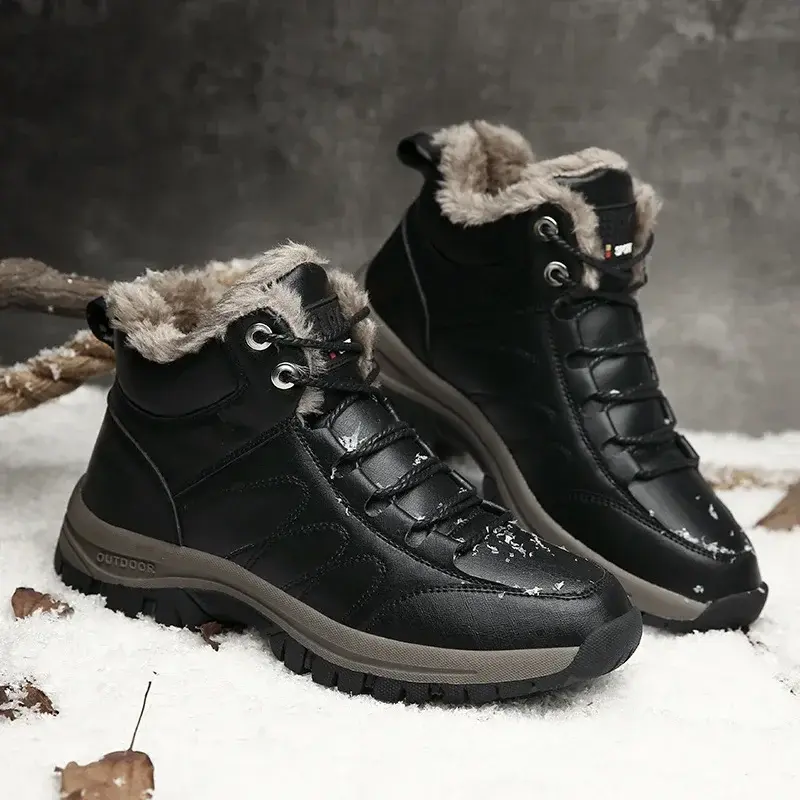 Winter Plush Warm Men Boots Leather Mens Snow Boots Couple Waterproof Non-slip Ankle Boots Lace-Up Outdoor Hiking Shoes 2024