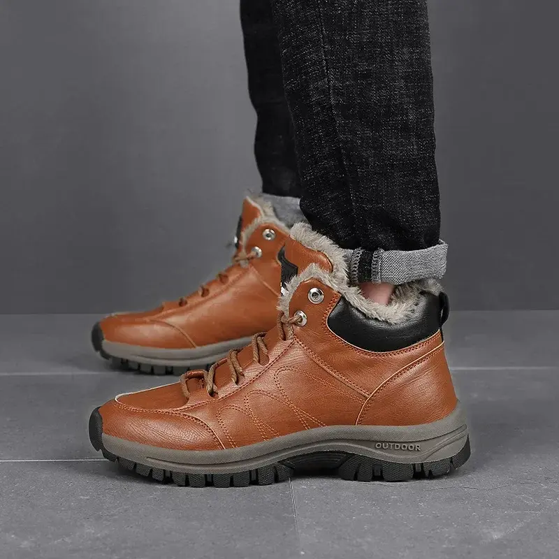 Winter Plush Warm Men Boots Leather Mens Snow Boots Couple Waterproof Non-slip Ankle Boots Lace-Up Outdoor Hiking Shoes 2024