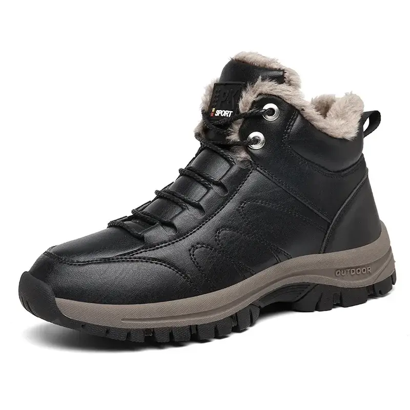 Winter Plush Warm Men Boots Leather Mens Snow Boots Couple Waterproof Non-slip Ankle Boots Lace-Up Outdoor Hiking Shoes 2024