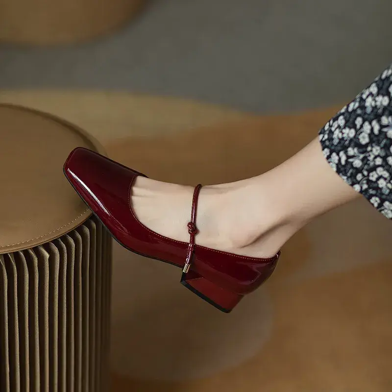 High Heels French Dress Party Shoes for Woman Platform Patent Leather Mary Jane Burgundy Black Square Toe Mid-heel Pumps 2023