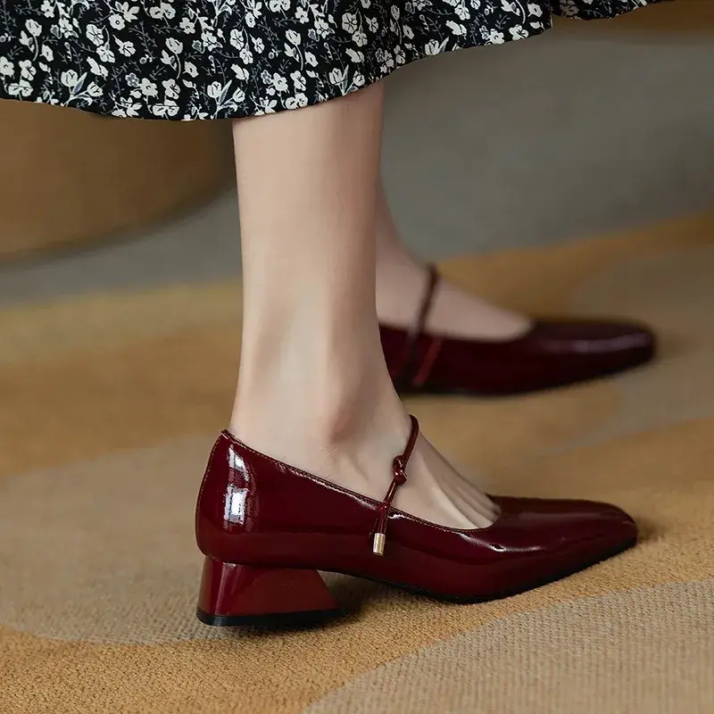 High Heels French Dress Party Shoes for Woman Platform Patent Leather Mary Jane Burgundy Black Square Toe Mid-heel Pumps 2023