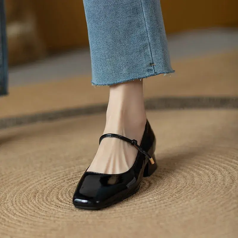 High Heels French Dress Party Shoes for Woman Platform Patent Leather Mary Jane Burgundy Black Square Toe Mid-heel Pumps 2023