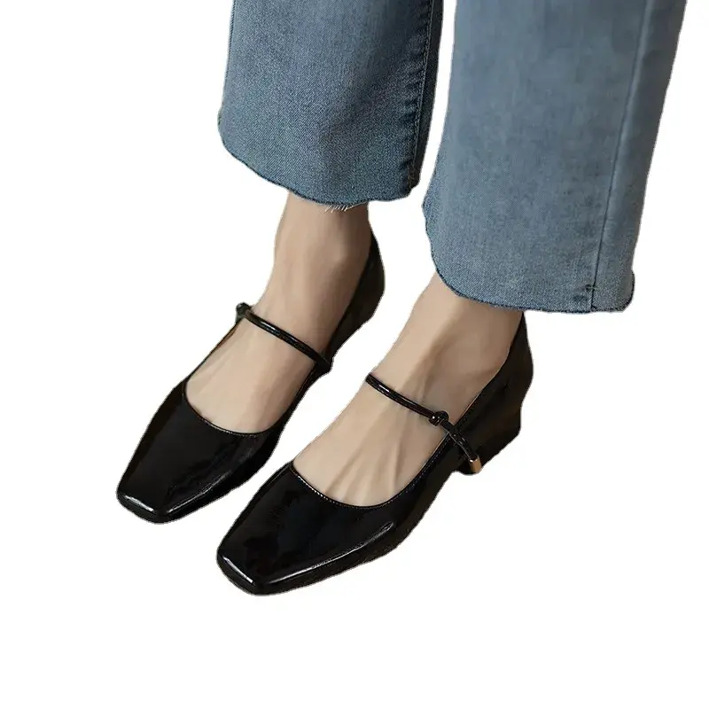 High Heels French Dress Party Shoes for Woman Platform Patent Leather Mary Jane Burgundy Black Square Toe Mid-heel Pumps 2023