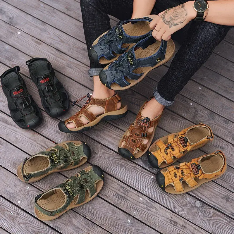2025 Men Sandals Leather Mens Casual Shoes Breathable Outdoor Sandals for Men Beach Shoes Slippers Fashion Roman Shoes