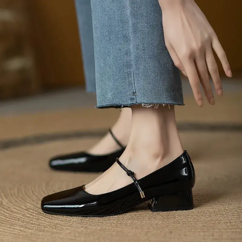 High Heels French Dress Party Shoes for Woman Platform Patent Leather Mary Jane Burgundy Black Square Toe Mid-heel Pumps 2023