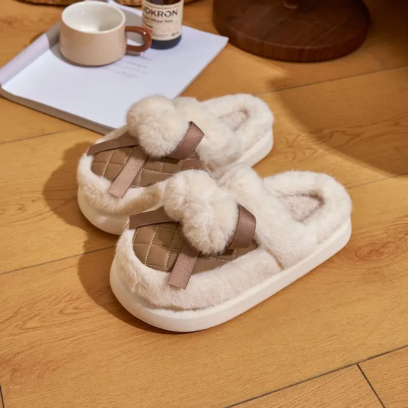 Women Winter Warm Short Plush Home Slippers Female Soft Thick Bottom Home Slippers Woman Non Slip Flat Heel Indoor Cotton Slides